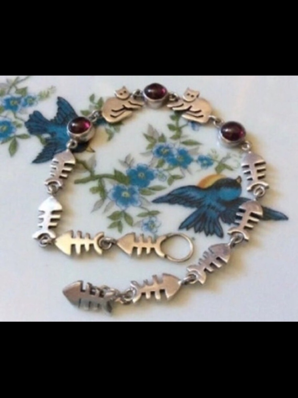 Vintage Fish bones cat garnet gemstone link bracelet sterling silver 925 - Picture 13 of 16